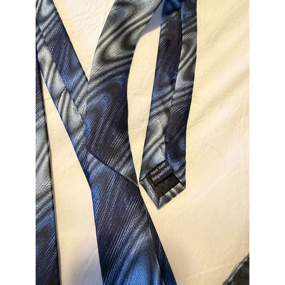Tessori Milan Italy Abstract Blue And Black Tie With Pocket Square Men’s